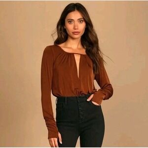 Free People Kaya Rust Brown Long Sleeve Cutout Bodysuit Mesa Women's Medium Y2K